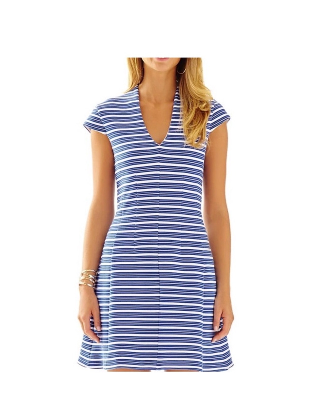 Lilly Pulitzer Blue Stripe Knit Dress Size M V-Neck Fit & Flare